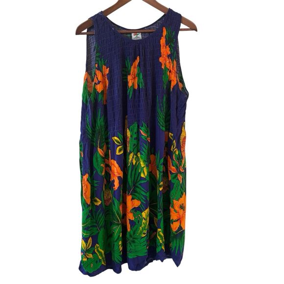Hawaiian Dress Womens One Size Sleeveless Smocked Tropical Colorful Resort Birds - Picture 1 of 10